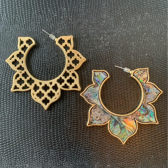 Gold and Iridescent Hoop Earrings, floral design - Picture 2 of 2